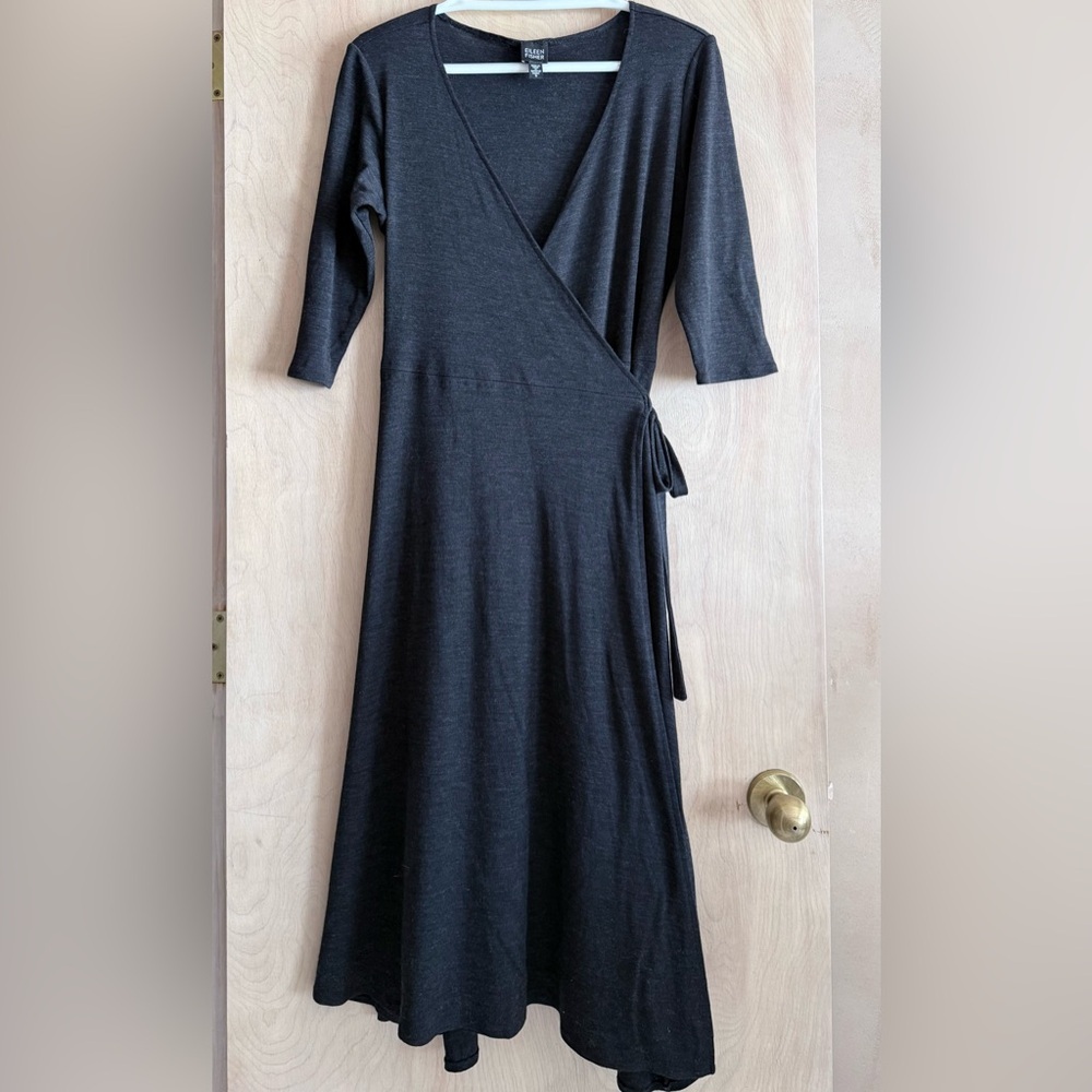 Eileen Fisher Lightweight Wool Jersey Surplice Wrap Midi Dress Black Women’s S